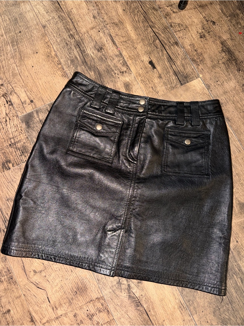 INC International Concepts Black Leather Mini Skirt Button Pockets Size 8